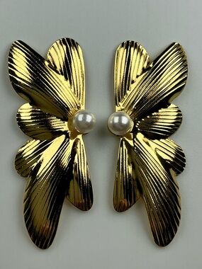 Gold Butterfly Earrings Pearl PostbackTextured Statement Earrings Vintage Style